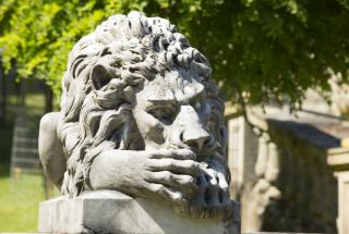 Stone lion guarding Hatley Castle